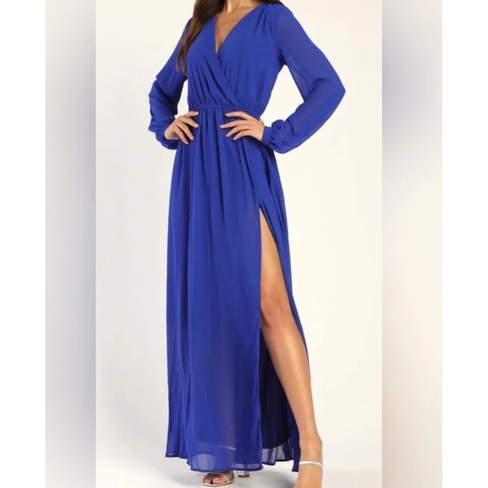 Lulus Maxi Dress XL Royal Blue Long Sleeve Chiffon Formal Wedding Guest Flowy - Picture 12 of 12